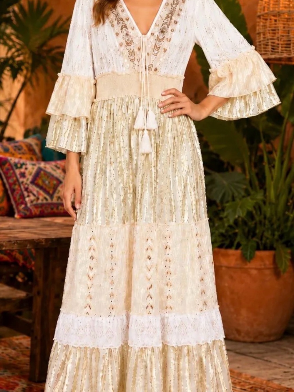 PALAK Boho Cream Tiered Maxi Dress with Tassel Tie